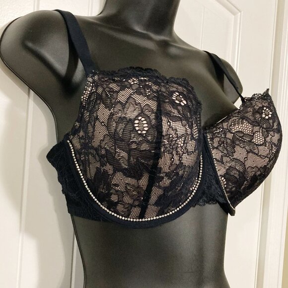 LA SENZA 34DD Black and nude pink floral lace underwire bra w/ clear rhinestones - Picture 5 of 13